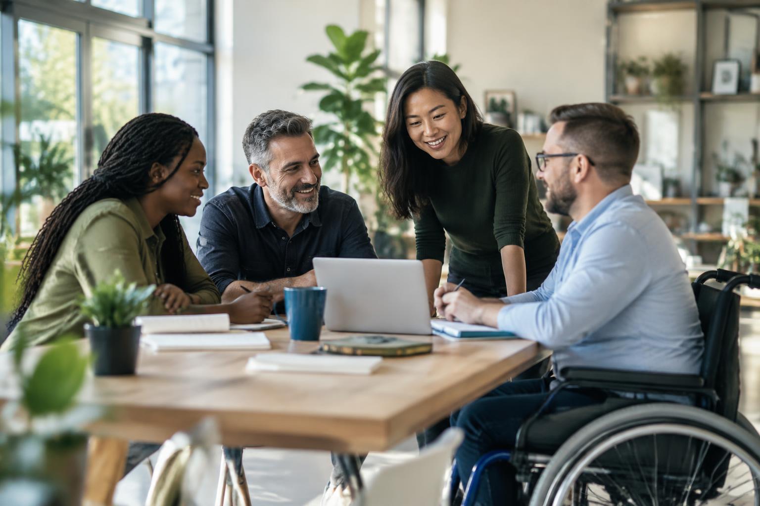 A diverse team, including a wheelchair user, collaborating around a laptop.
