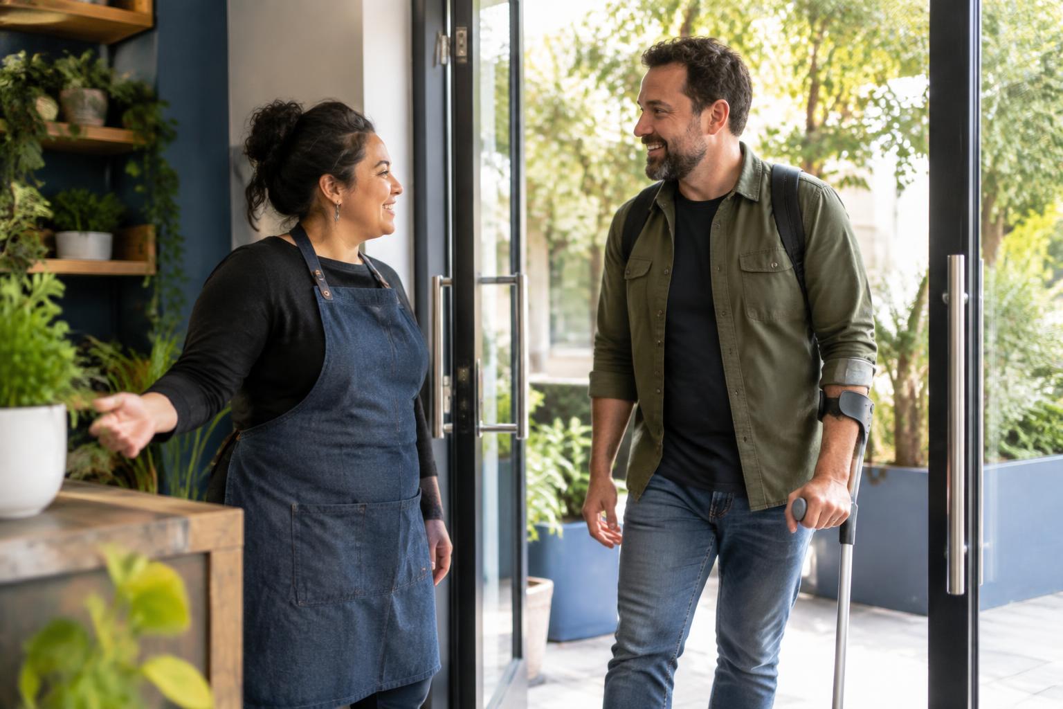 A business owner warmly welcoming a visitor who uses a forearm crutch.