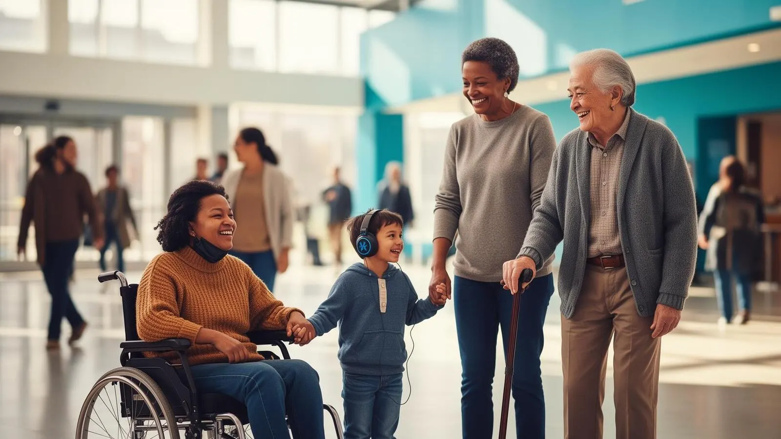 A diverse group including a person in a wheelchair, a child wearing sensory headphones, a parent, and a senior with a cane sharing a joyful moment together in a bright, accessible public space.